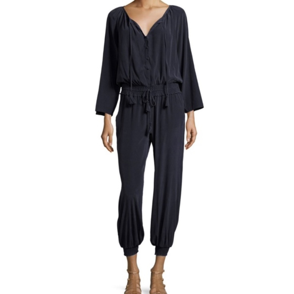 Calypso St. Barth Silk Jumpsuit Long Sleeve in Navy Blue XS